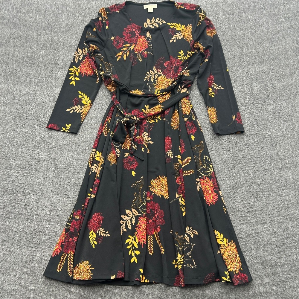 Whimsigoth Floral Midi Dress Black Orange Red Long Sleeve Belted Appleseeds PM